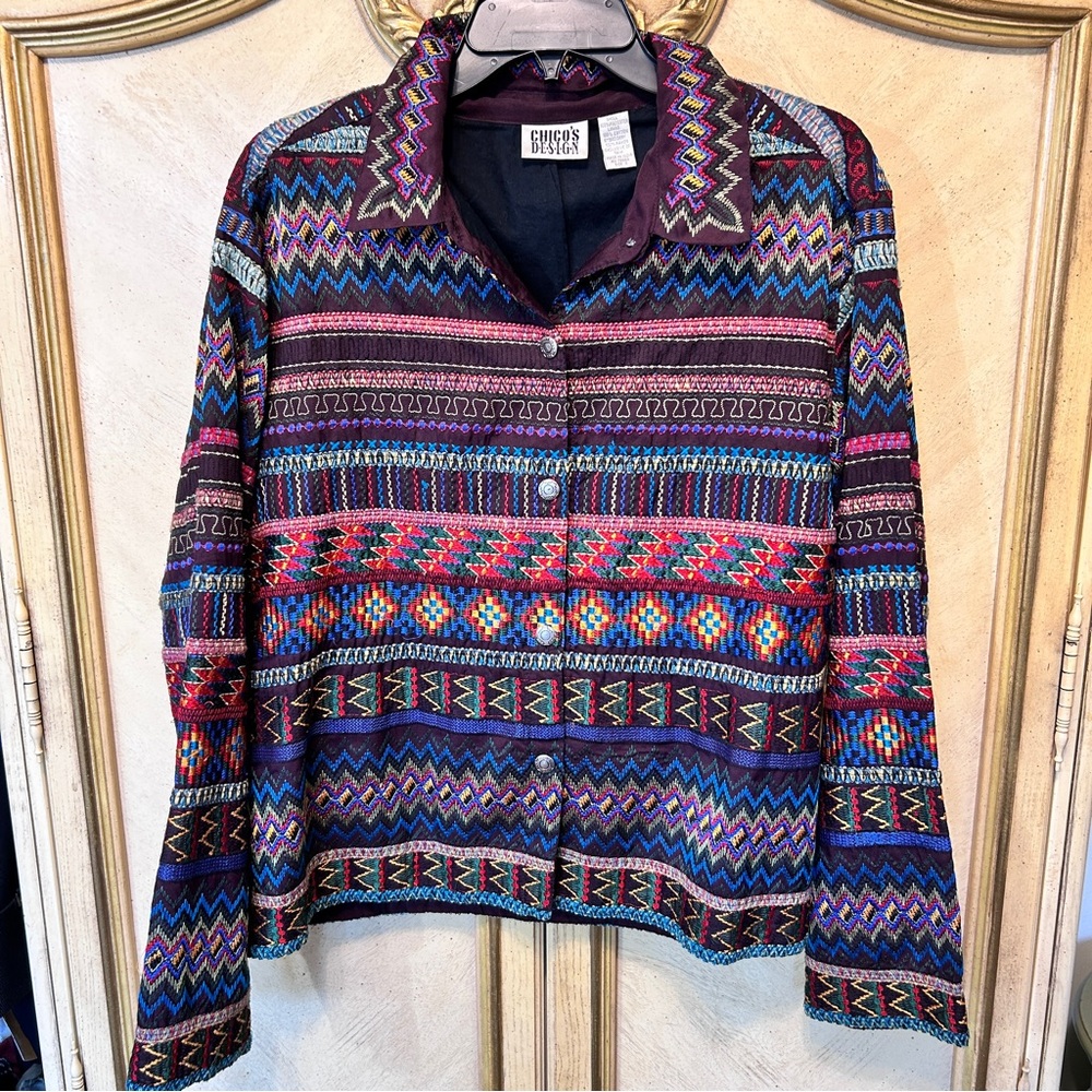Chico’s Design Colorful Embroidered Boho Southwestern Geometric Patterned Jacket